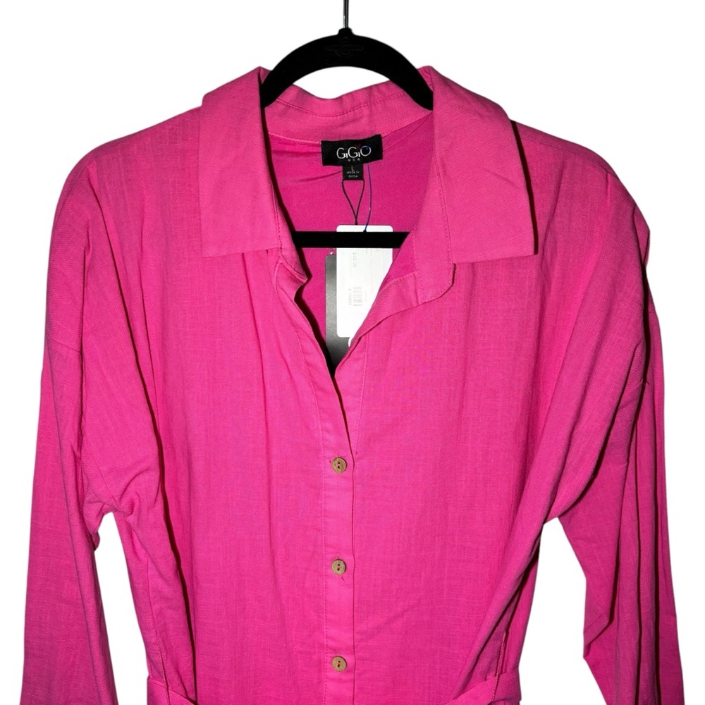 GiGiO Long Sleeve Mini Dress Button Down Collared 100% Cotton Pink Barbie - Picture 3 of 8